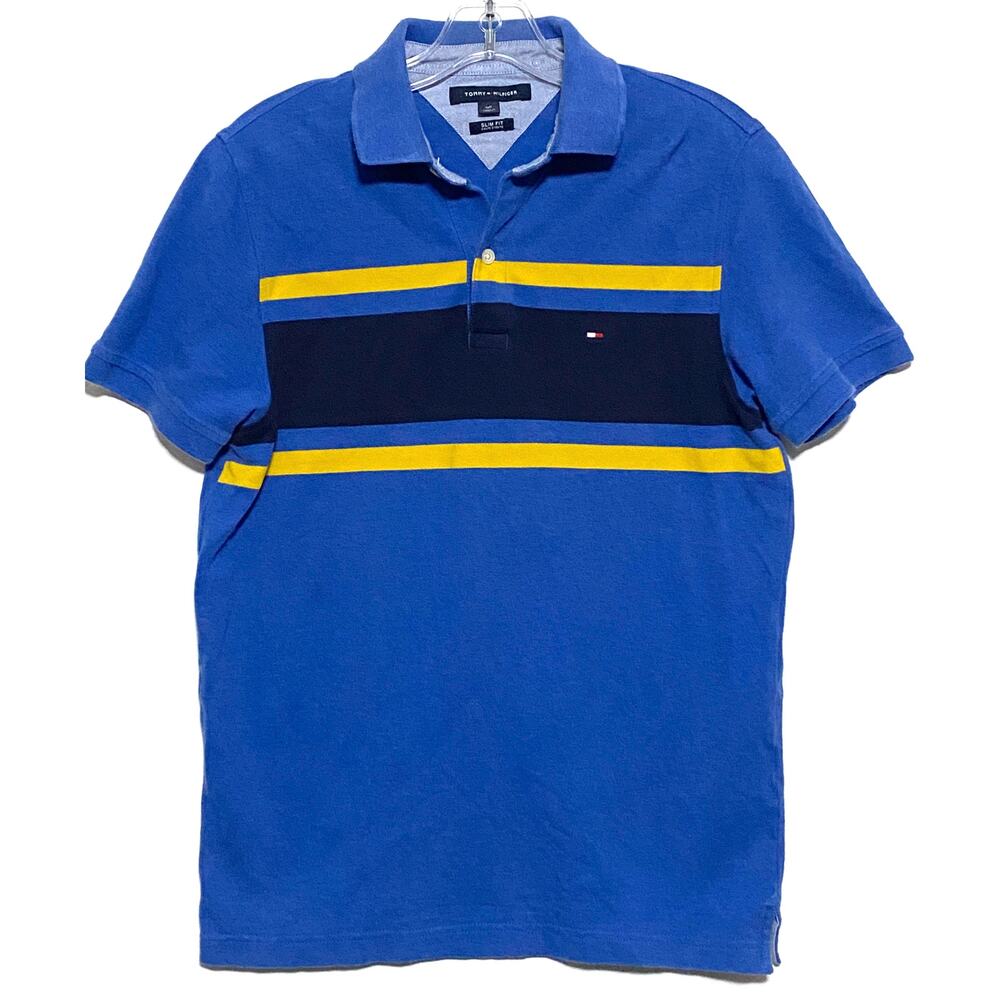 Tommy Hilfiger Slim Fit Polo Shirt Mens S Blue Yellow Striped Preppy Casual Y2K